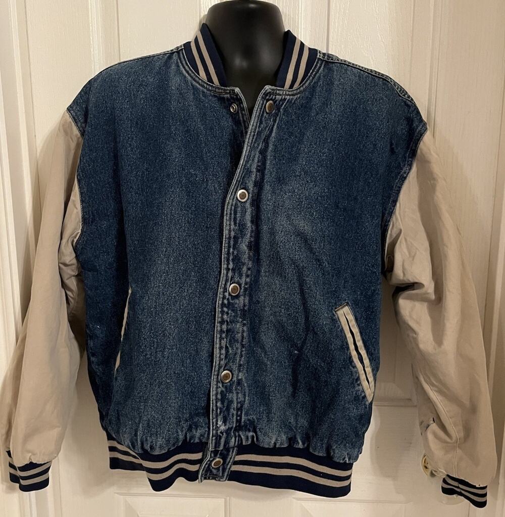 VTG 90s Y2K Denim Bomber Jacket Basic Editions Jean Varsity Distressed Grunge M
